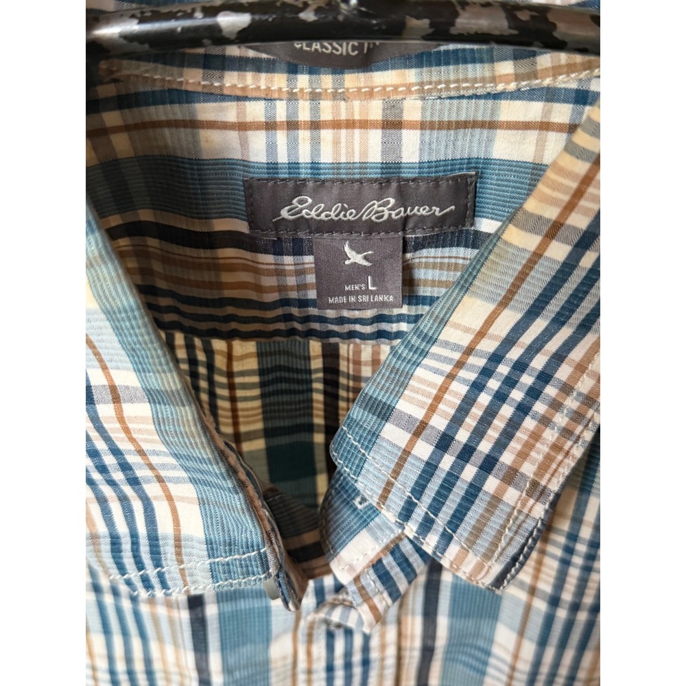 Eddie Bauer Mens Large Classic Fit Plaid Button Down Shirt Blue Teal Cotton L - Picture 4 of 8